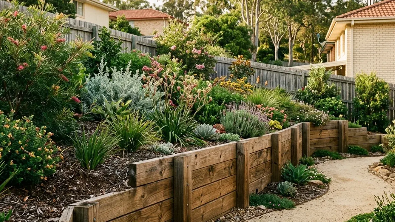 Illustrative timber sleeper retaining walls supporting a raised garden